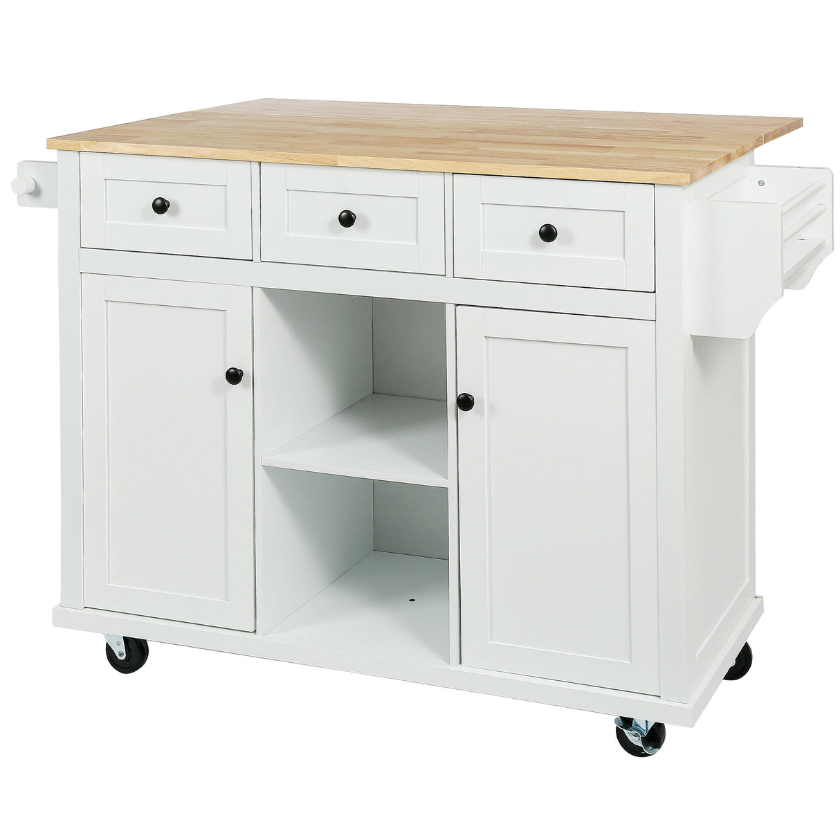 Kitchen trolley with rubber wood leaf countertop, 5-wheel kitchen island, storage cabinet and 3 dining drawers, white - V.I.P Digital Presence