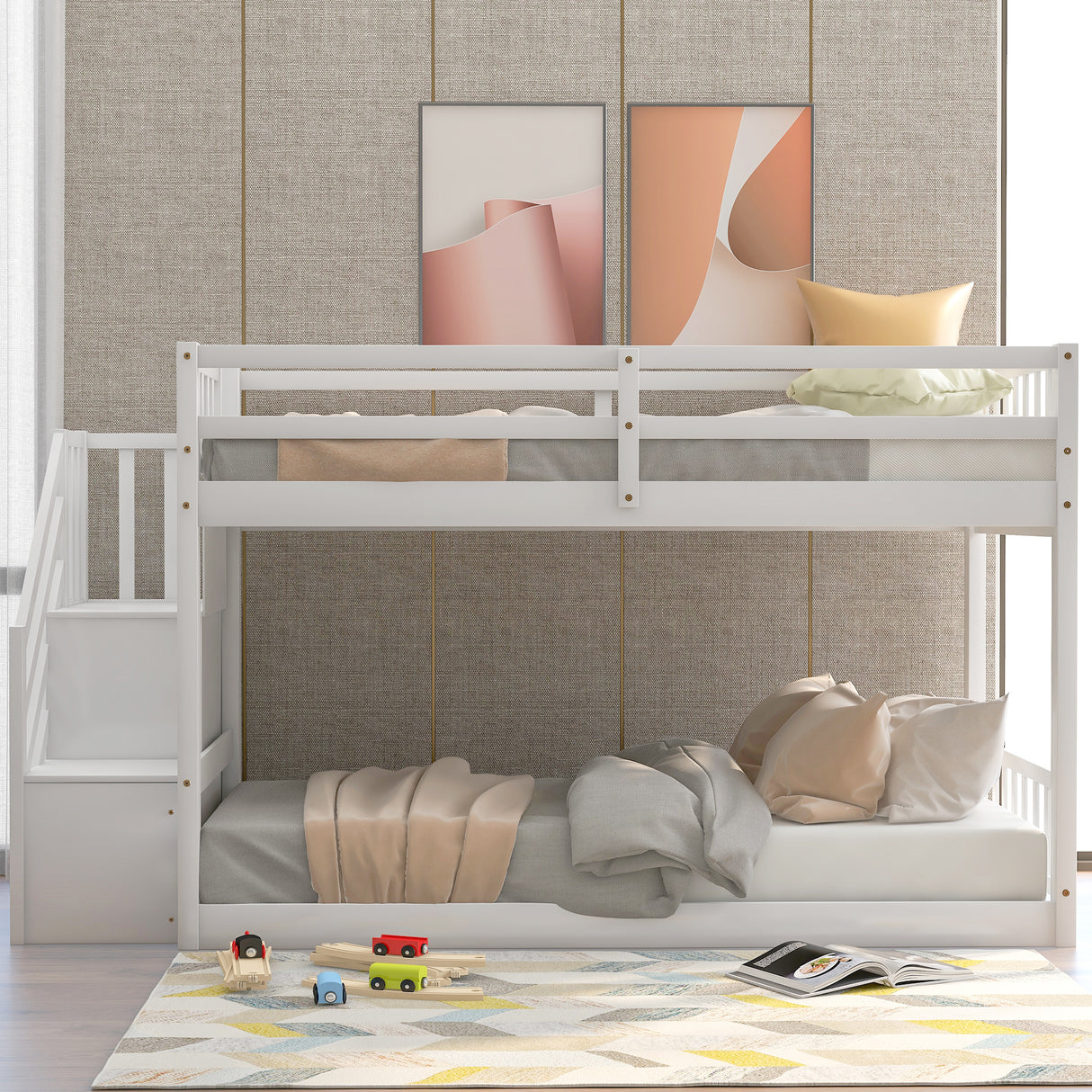 Twin over Twin Floor Bunk Bed, Ladder with Storage White