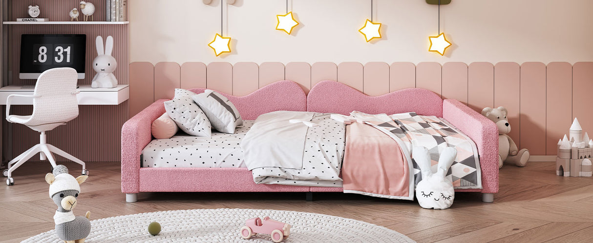 Full size Upholstered Daybed, Sherpa Fabric Sofabed with Cloud-Shaped Backrest, No Box-spring Needed, Pink - V.I.P Digital Presence