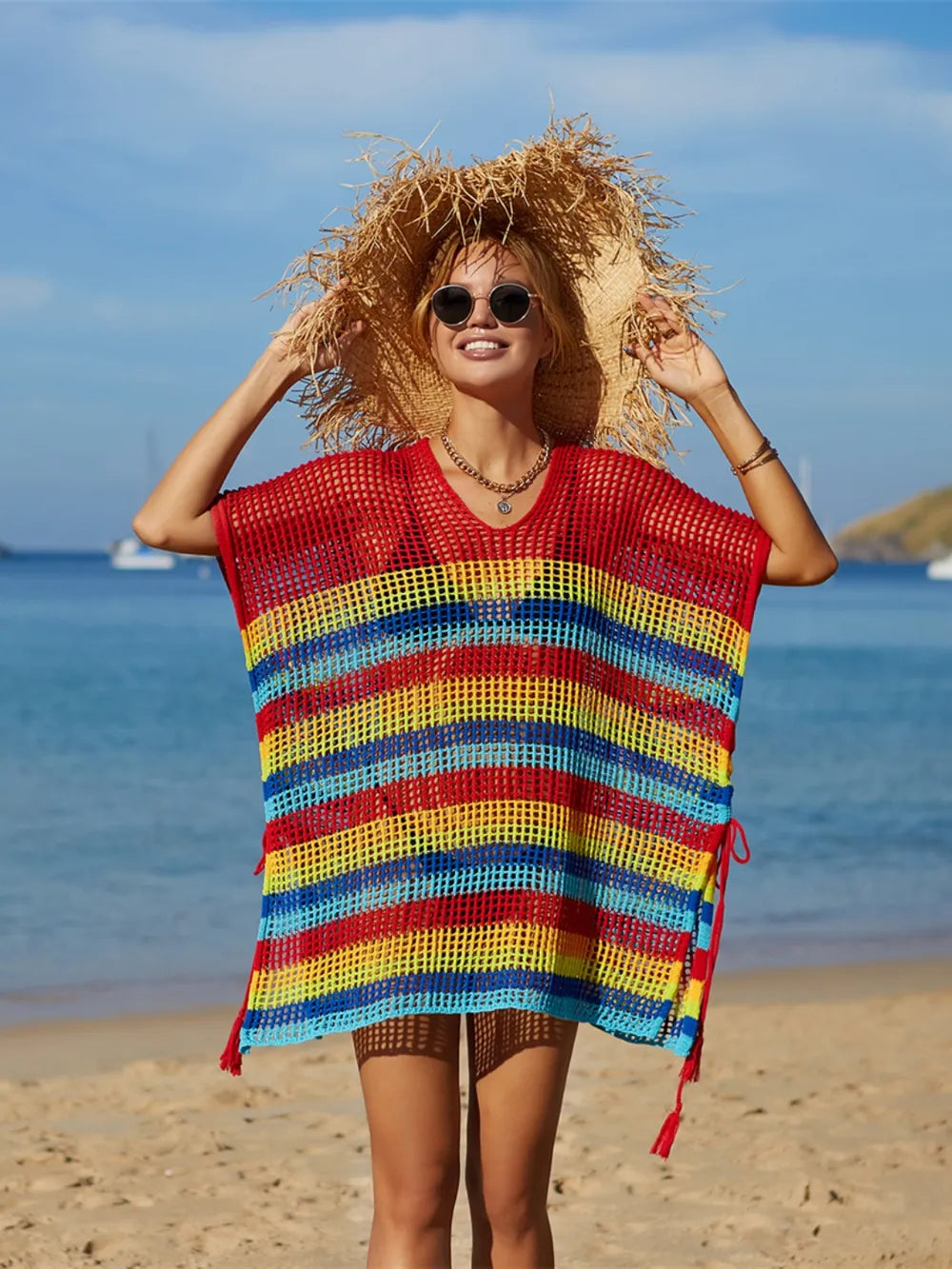 Cutout Striped Cover-Up with Tassel - V.I.P Digital Presence