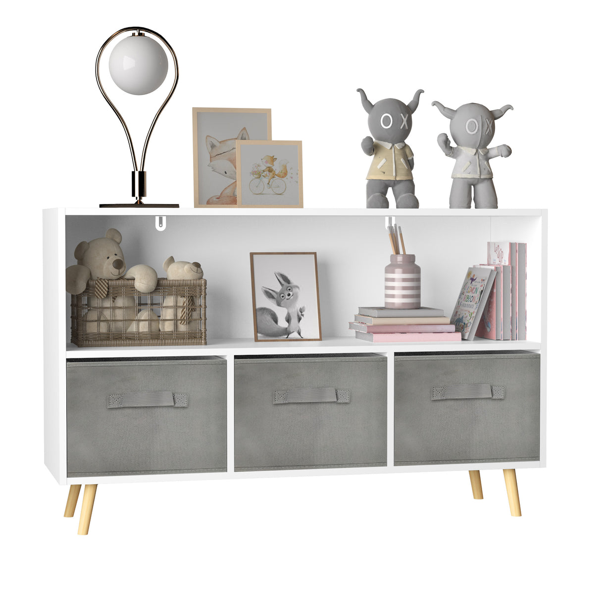 Kids bookcase with Collapsible Fabric Drawers Children's Book Display Toy Storage Cabinet Organizer White/Gray - V.I.P Digital Presence