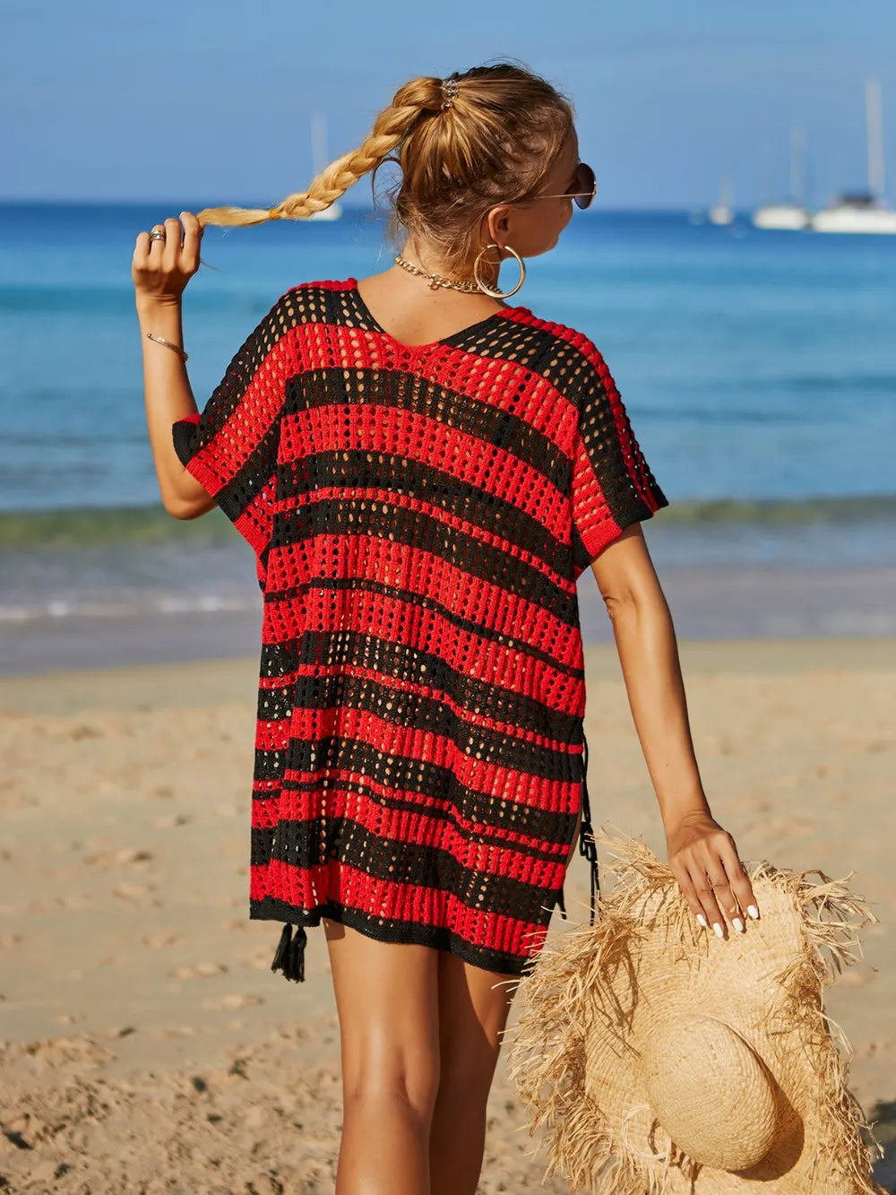 Tassel Openwork Striped V-Neck Cover Up - V.I.P Digital Presence