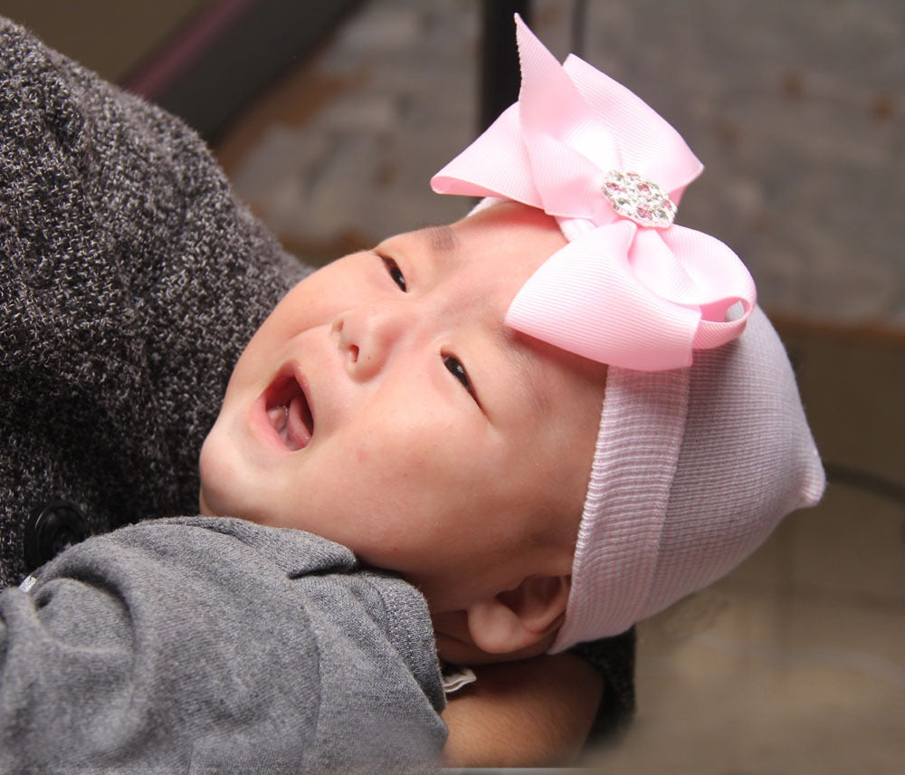 European and American Big Bow Glittering Diamond Pink Stripe Girl Baby Knitted Hat Newborn Baby Pullover Hat - V.I.P Digital Presence