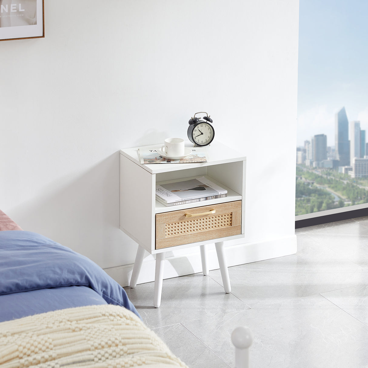 15.75" Rattan End table with drawer and solid wood legs Modern nightstand side table for living room white - V.I.P Digital Presence