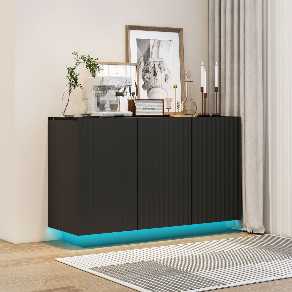 LED Carved Line 3 Door Storage Cabinet,Sideboard Buffet Cabinet With Adjustable Shelf,Large Storage Accent Cabinet - V.I.P Digital Presence