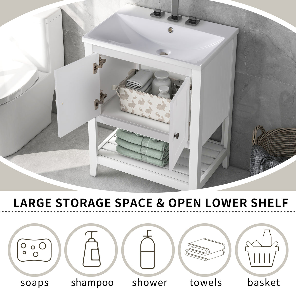 24" White Modern Sleek Bathroom Vanity Elegant Ceramic Sink with Solid Wood Frame Open Style Shelf - V.I.P Digital Presence
