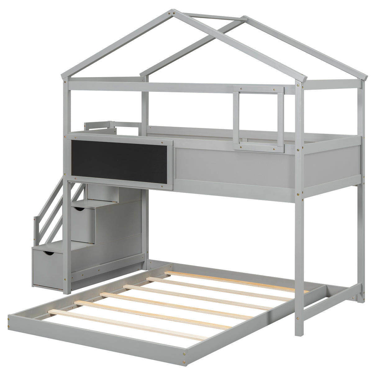 Twin over Full House Bunk Bed with Storage Staircase and Blackboard Gray