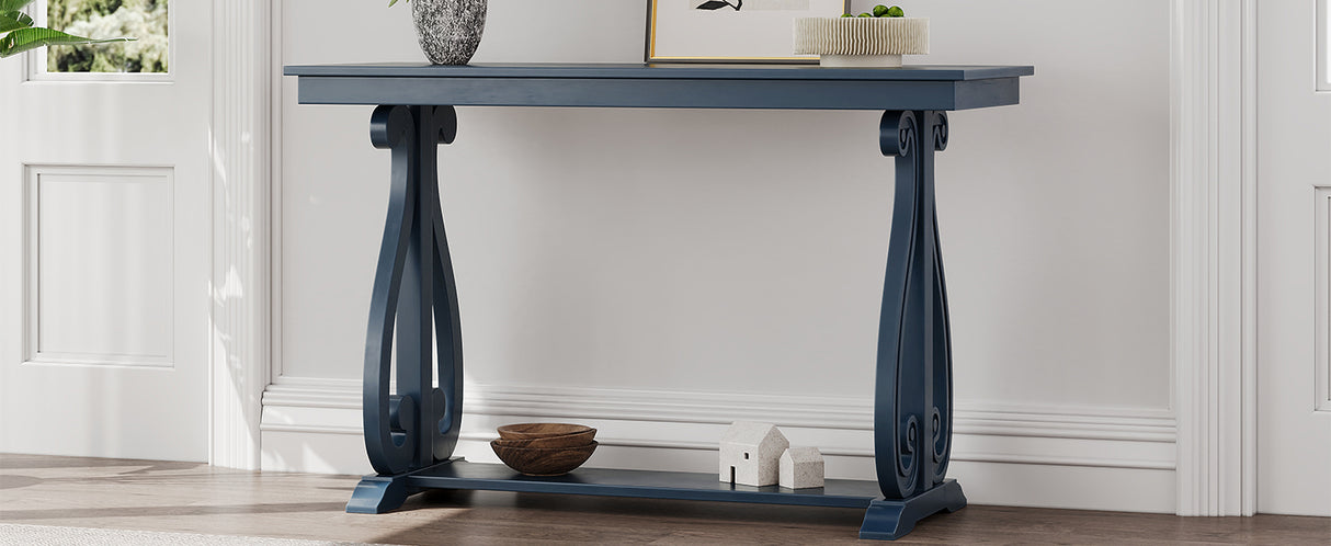 48-Inch Rustic Vintage Console Table --- Farmhouse Style Entryway Table with Open Shelf and Sturdy Construction (Navy) - V.I.P Digital Presence