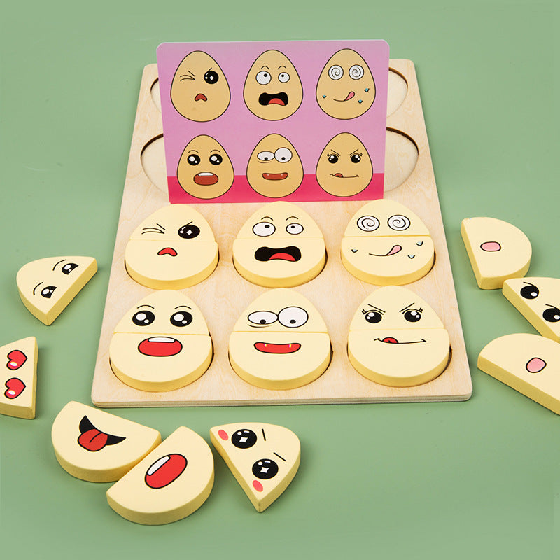 Wooden children's early education fun expression egg matching game, battle training interactive puzzle toy
