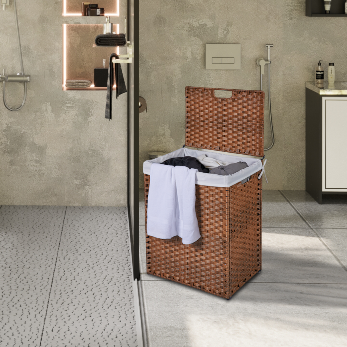 Laundry Hamper With Lid PE Rattan Powder Coating Frame Clothes Hampers with 02 Removable Bags, 100L, Brown Color - V.I.P Digital Presence