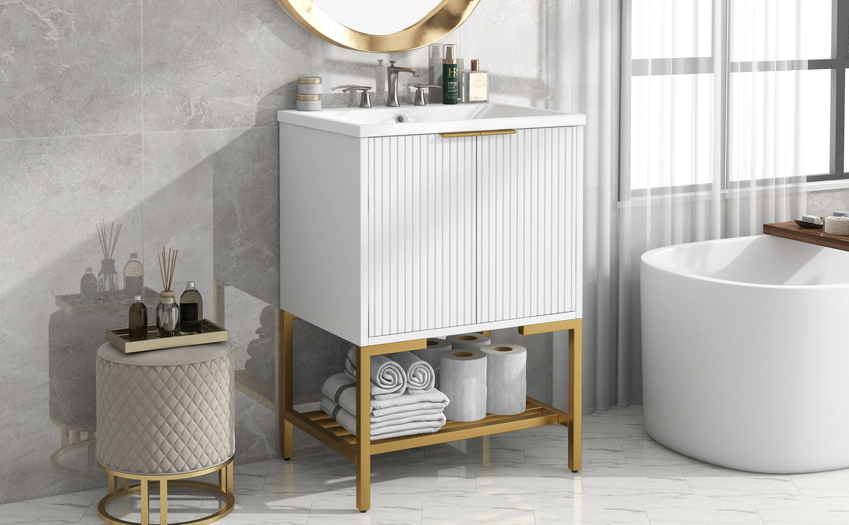 24" Bathroom Vanity with Sink, Bathroom Vanity Cabinet with Two Doors and Gold Metal Frame, Open Storage Shelf, White - V.I.P Digital Presence