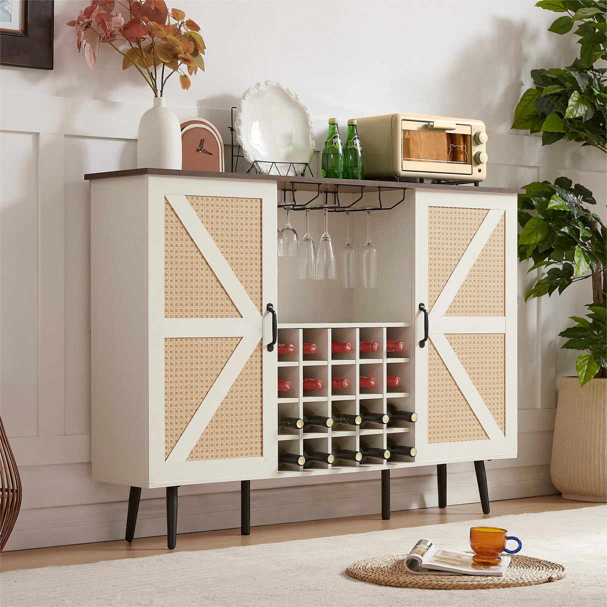 White Faux Rattan Barn Door Wine Cabinet with Wine Rack and Wine Glass Rack, Double Door Design with Removable Shelves - V.I.P Digital Presence