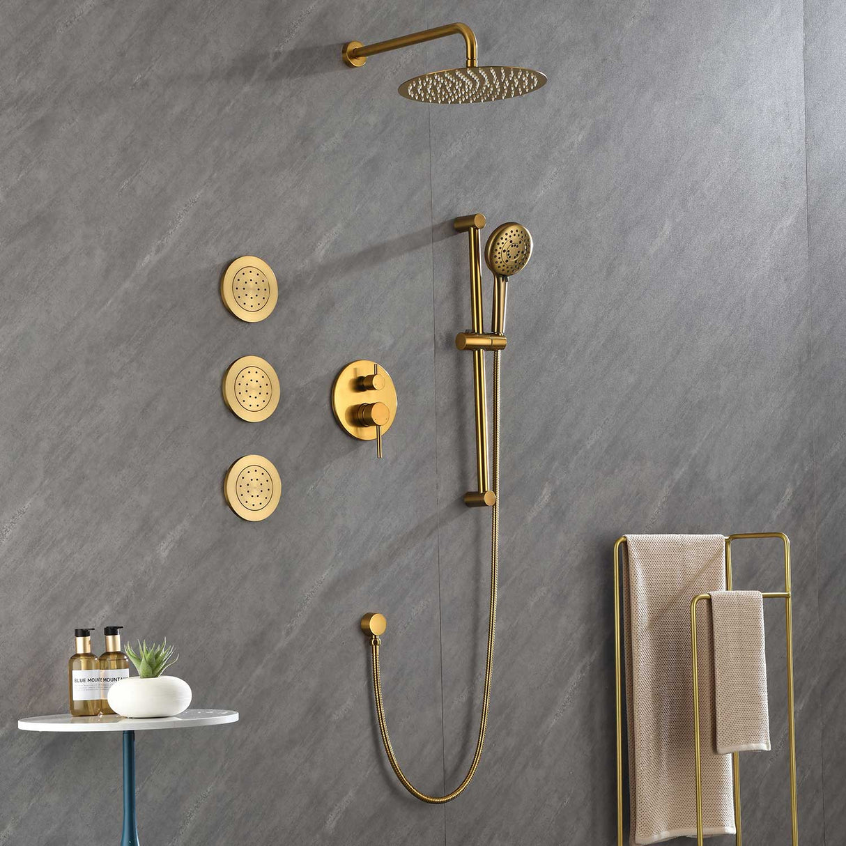 Shower System with Shower Head Hand Shower Slide Bar Bodysprays, Shower Arm Hose Valve Trim and Lever Handles - V.I.P Digital Presence