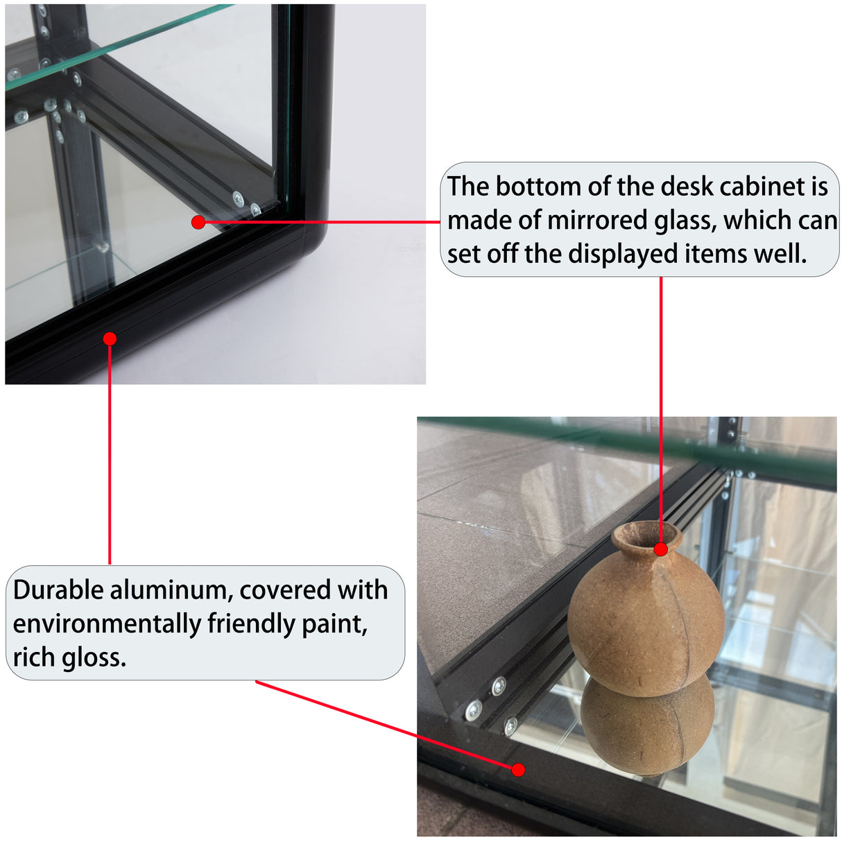 Tempered glass counter top display cabinet with sliding glass door and lock, standard aluminum frame - V.I.P Digital Presence