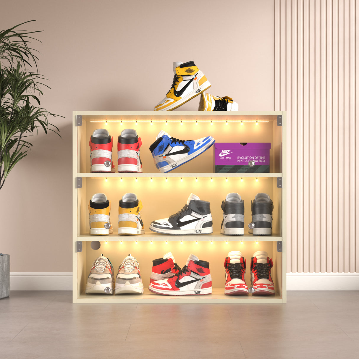 Off white LED light shoe box three layers with glass doors - V.I.P Digital Presence
