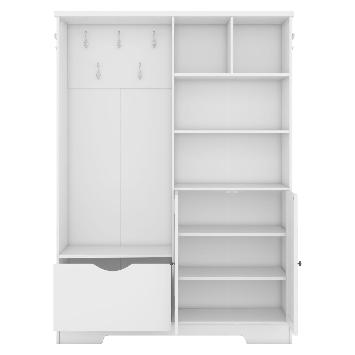 Multi-functional Hall Tree with Storage Shelves Drawers Cabinet Elegant Hallway Shoe Cabinet with Bench Modern Coat Rack White - V.I.P Digital Presence