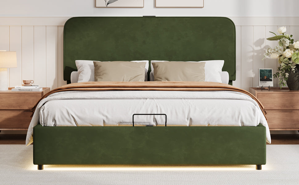 Large hydraulic storage bed with soft cushion lifting storage bed with RGB LED lights, Bluetooth speaker lychee velvet, green - V.I.P Digital Presence