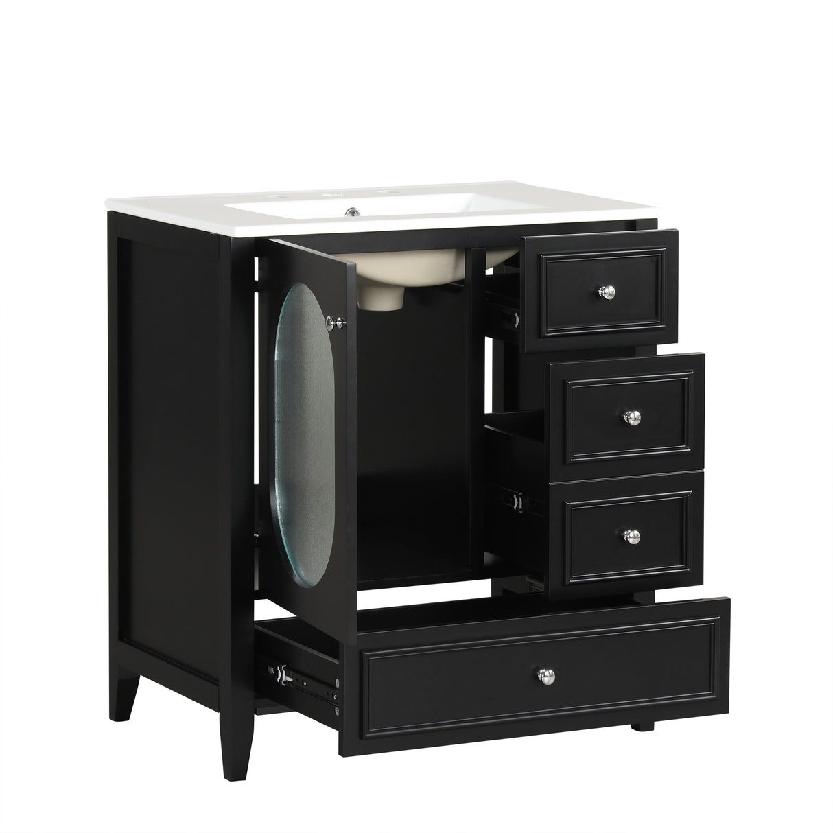 30" Bathroom Vanity with Sink, Bathroom Vanity Cabinet with Three Drawers and Door, Solid Wood and MDF, Black - V.I.P Digital Presence