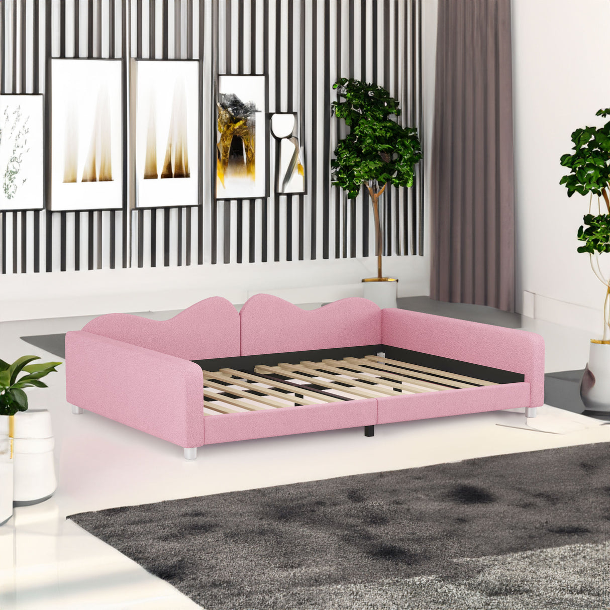 Full size Upholstered Daybed, Sherpa Fabric Sofabed with Cloud-Shaped Backrest, No Box-spring Needed, Pink - V.I.P Digital Presence