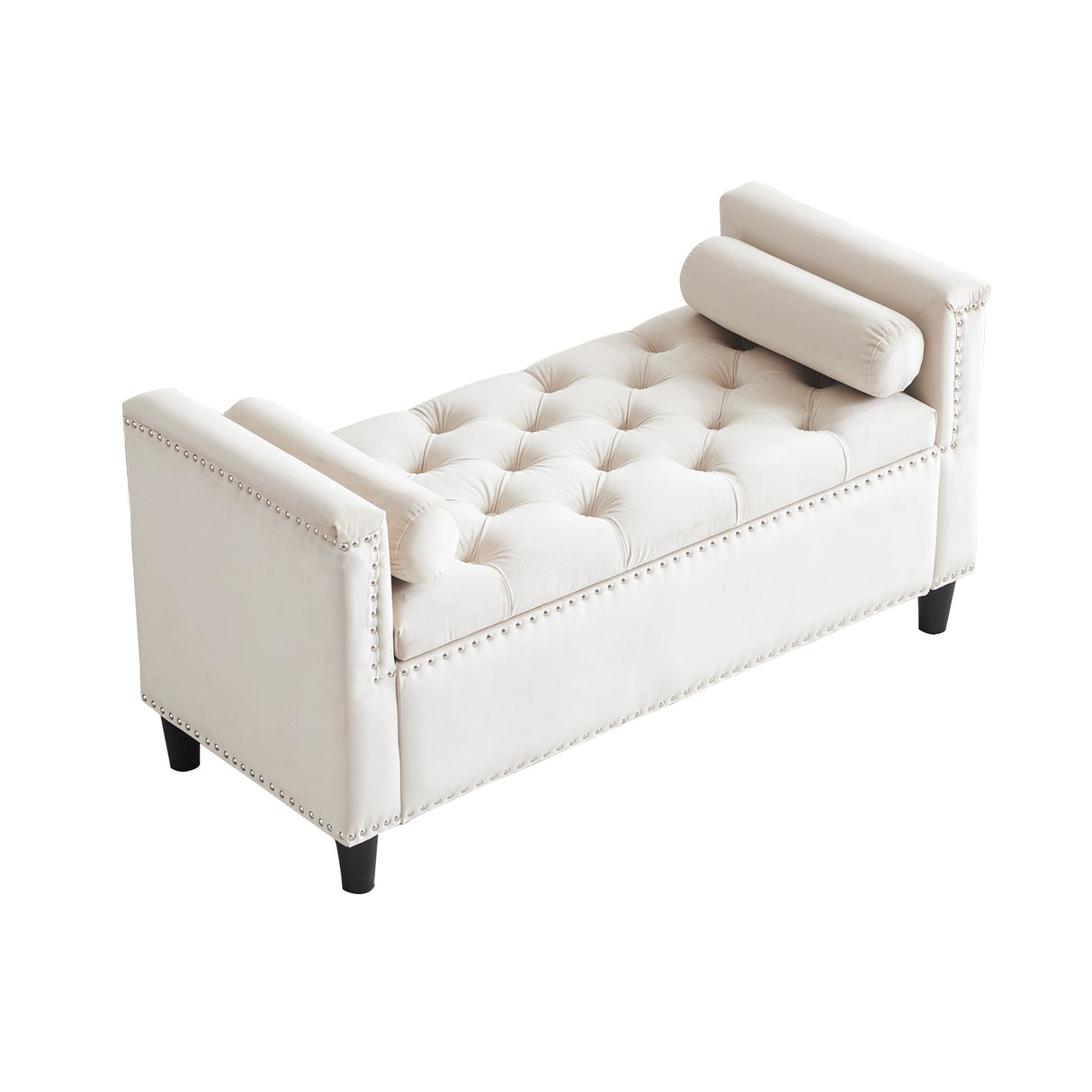 Storage Bench, 44.5-Inch Queen Velvet Button Bedside Bench, Entryway Living Room with Armrests, Nailhead Trim Cream White - V.I.P Digital Presence