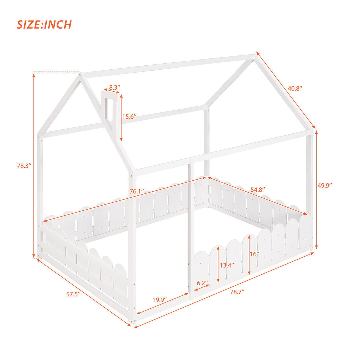 (Slats are not included) Full Size Wood Bed House Bed Frame with Fence for Kids Teens Girls Boys (White ) - V.I.P Digital Presence