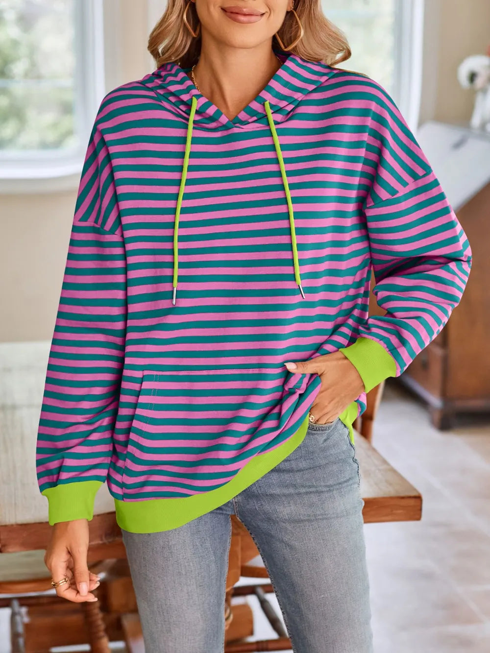 Loose casual striped hooded sweatshirt - V.I.P Digital Presence