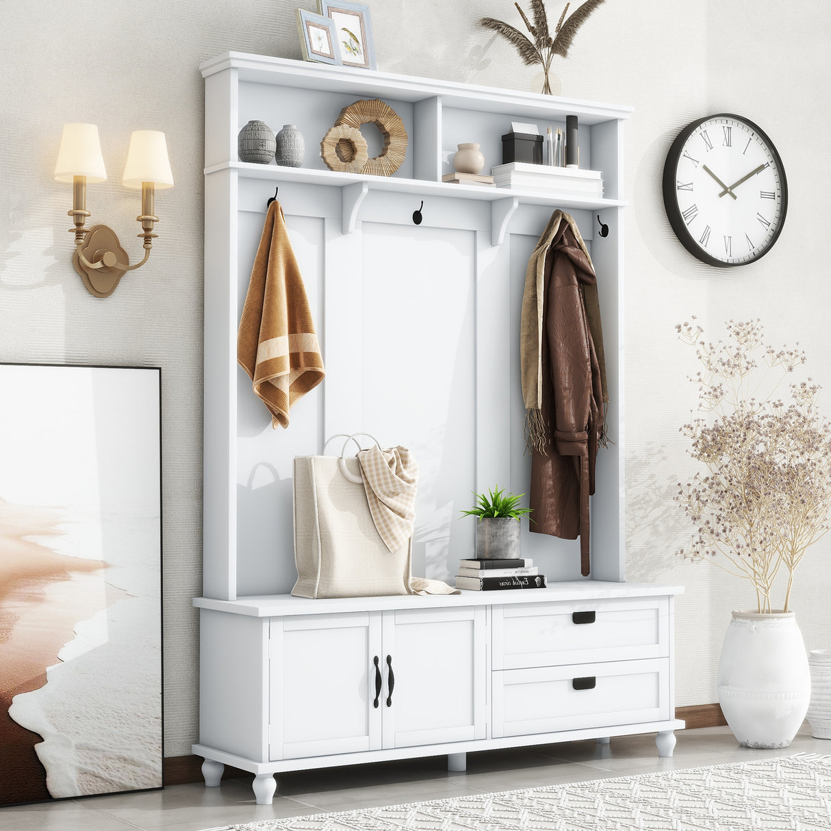 ON-TREND Modern Style Hall Tree with Storage Cabinet and 2 Large Drawers, Widen Mudroom Bench with 5 Coat Hooks, White - V.I.P Digital Presence