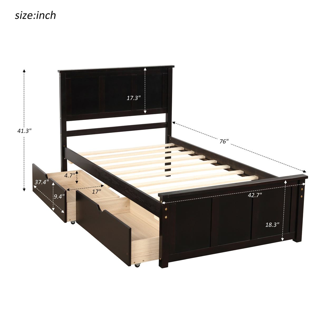 Platform Storage Bed 2 drawers with wheels Twin Size Frame Espresso