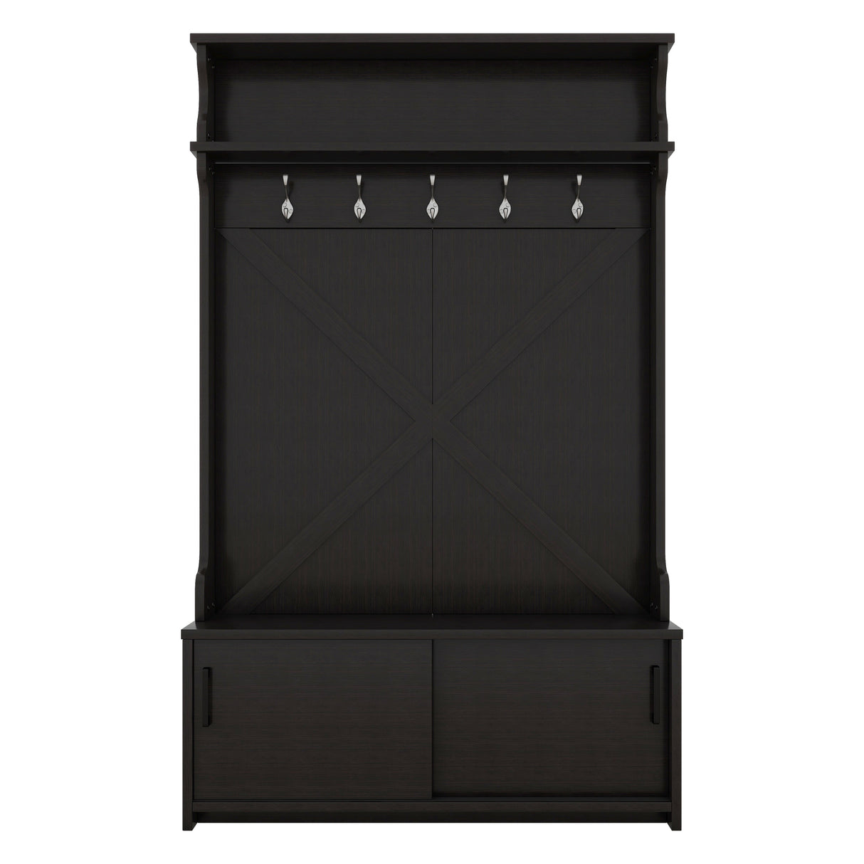 Hall tree with roof rack and storage platform, corridor shoe cabinet with sliding door, clothes hanger with 5 hooks black - V.I.P Digital Presence