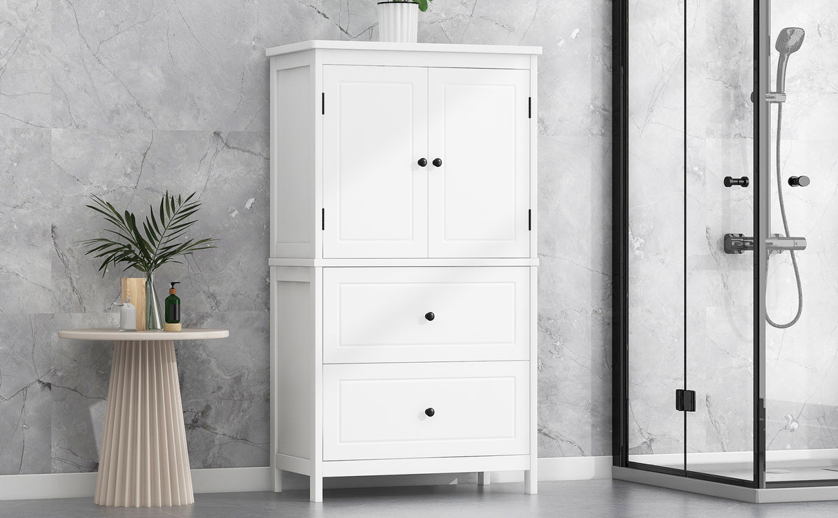 Bathroom Storage Cabinet, Cabinet with Two Doors and Drawers, Adjustable Shelf, MDF Board, White - V.I.P Digital Presence