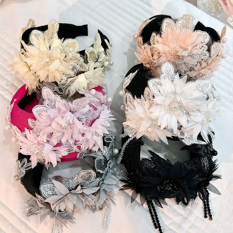 Hand embroidered three-dimensional simulation crystal flower headband pearl headband - V.I.P Digital Presence