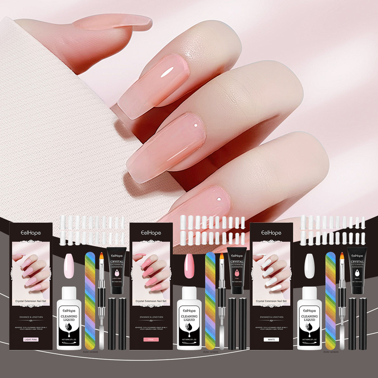 Juego de extensiones de uñas de cristal con pegamento para uñas, estilo simple, juego de herramientas para modelado tridimensional natural.