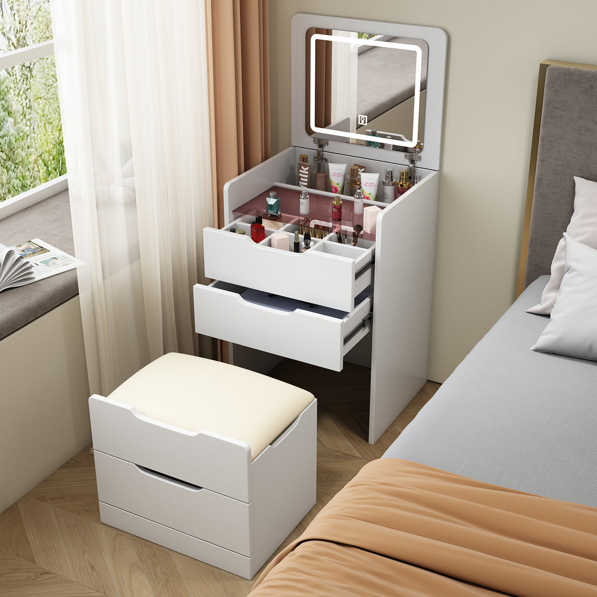 3 in 1 Vanity Desk with Plip Top Mirror,Small Make Up Vanity Set with Visible Glass Desktop,Compact Makeup Vanity with 3 Drawers - V.I.P Digital Presence