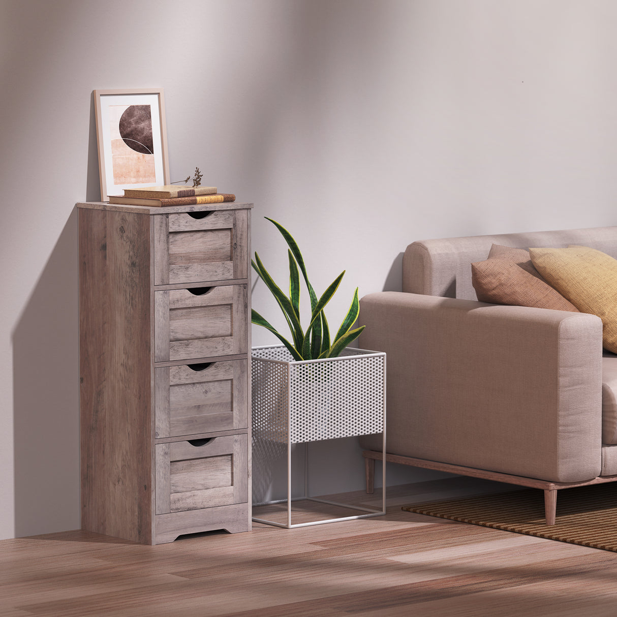 Floor Cabinet Wooden Storage Cabinet Home Office Living Room Bathroom Side Table Sturdy Modern 4 Drawers Grey - V.I.P Digital Presence