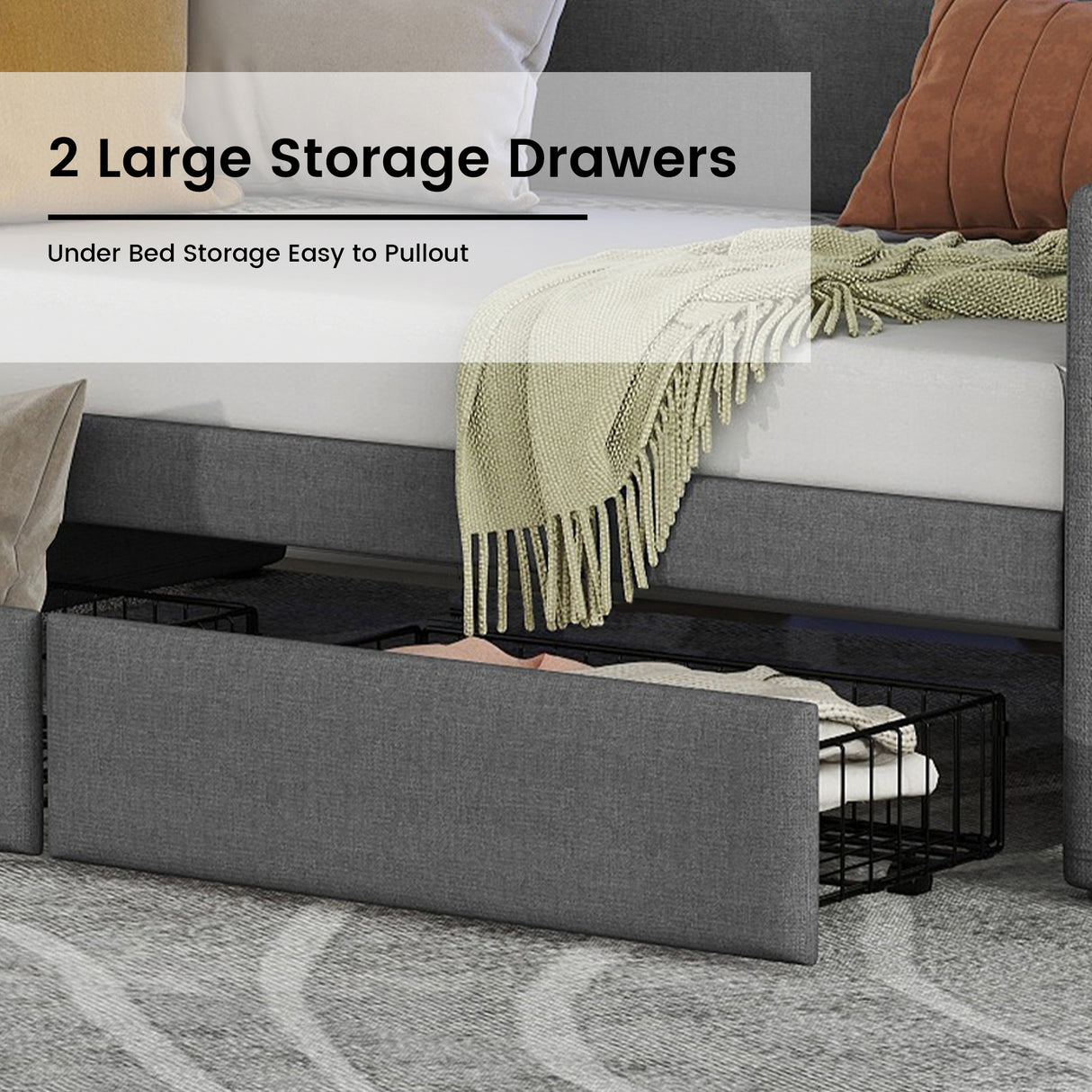 Twin Size Daybed with Storage Drawers, Upholstered Daybed with Charging Station and LED Lights, Gray - V.I.P Digital Presence