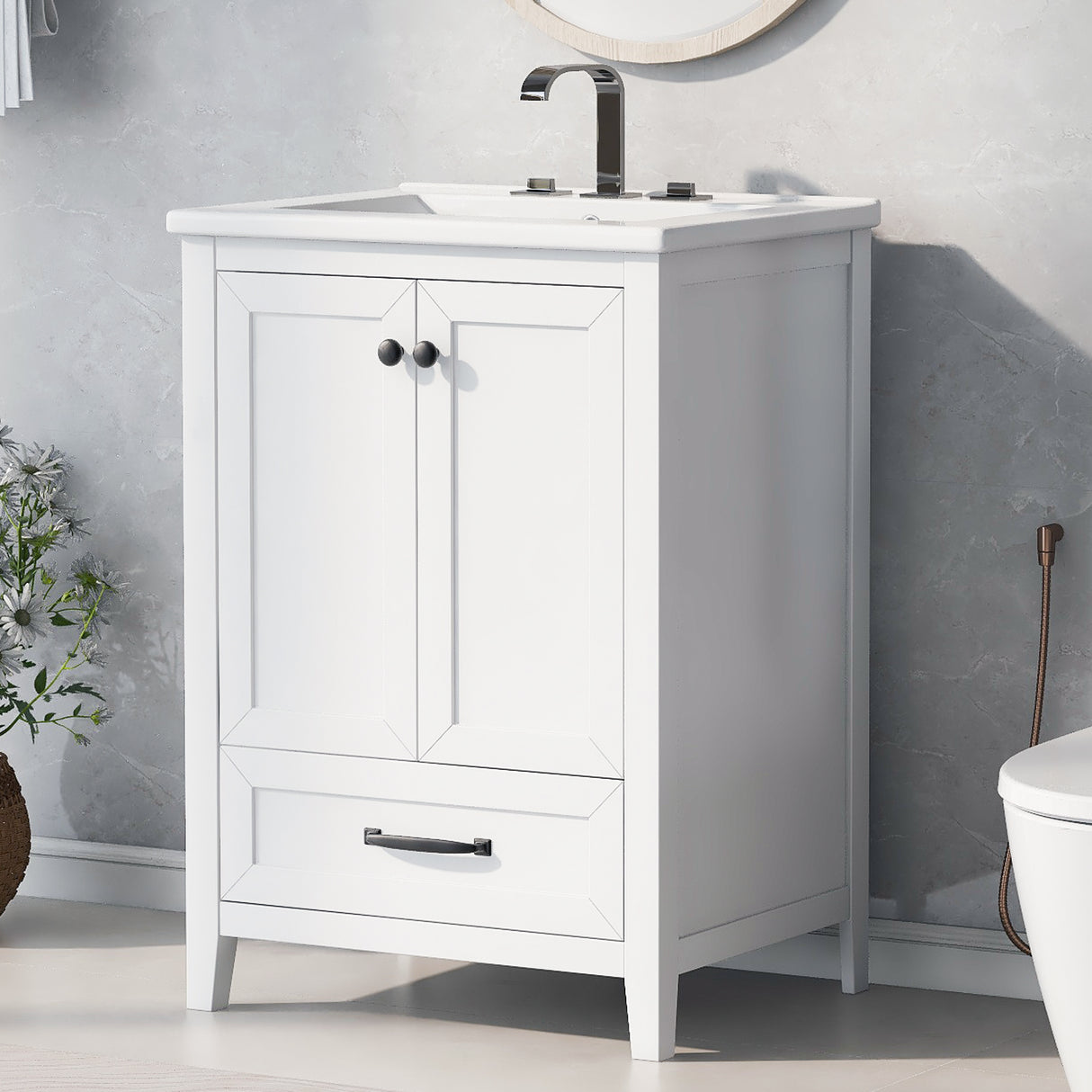 24" Bathroom Vanity with Sink, Bathroom Vanity Cabinet with One Drawer and Doors, Solid Wood and MDF, White - V.I.P Digital Presence
