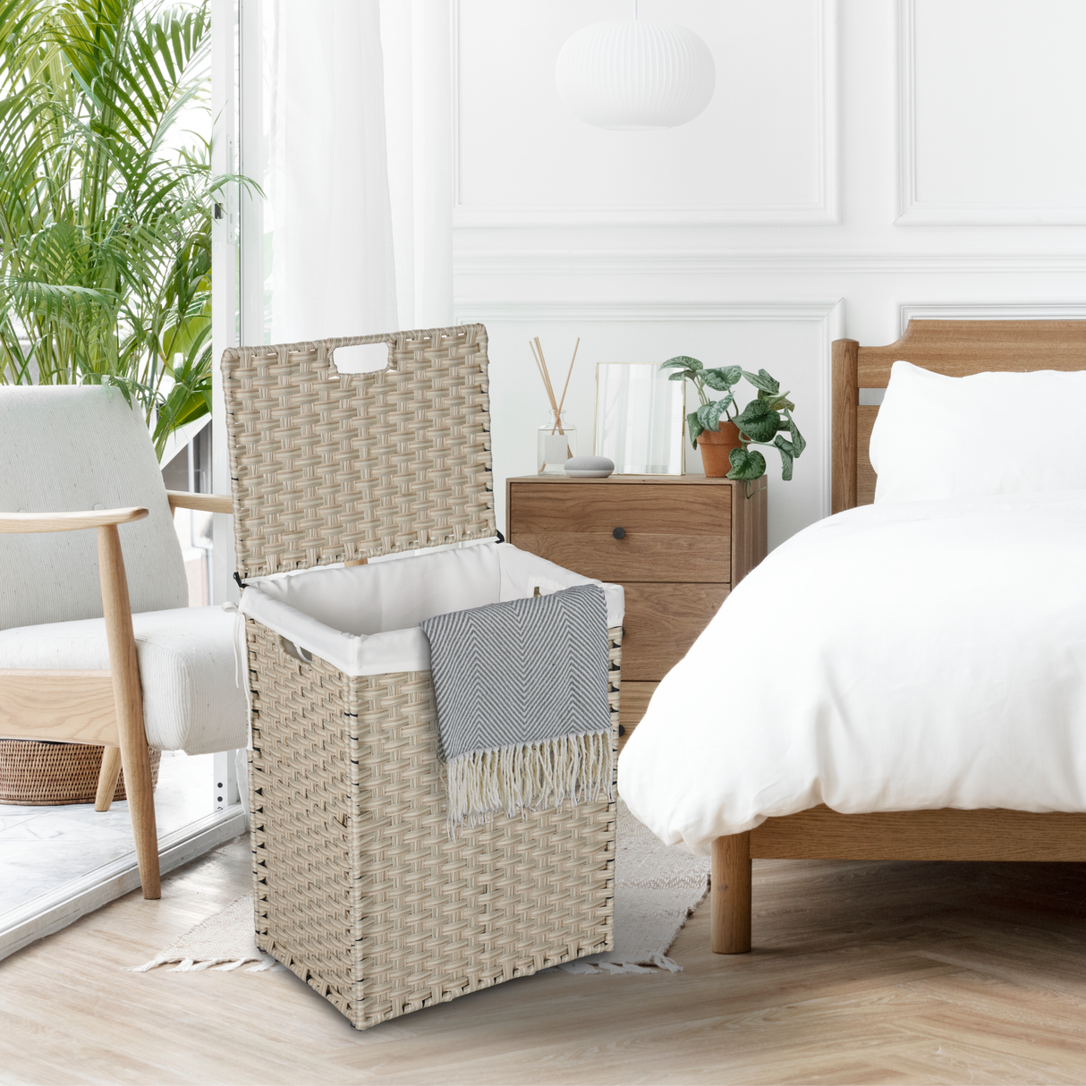 Laundry Hamper With Lid PE Rattan Powder Coating Frame Clothes Hampers with 02 Removable Bags, 100L, Grey Color - V.I.P Digital Presence