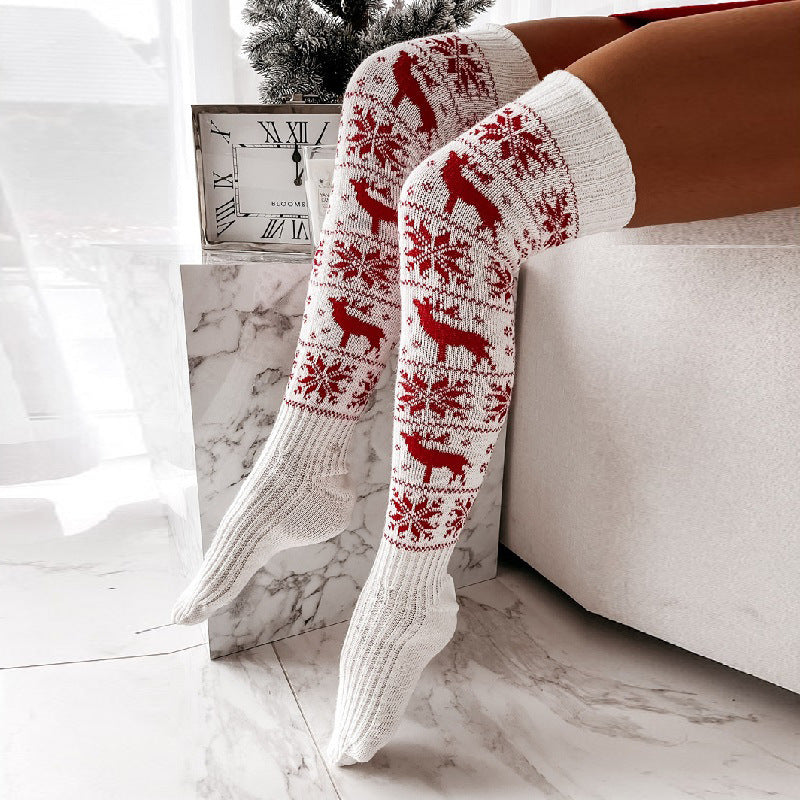 Christmas elk snowflake knitted woolen stockings for women long over knee pile socks stockings - V.I.P Digital Presence