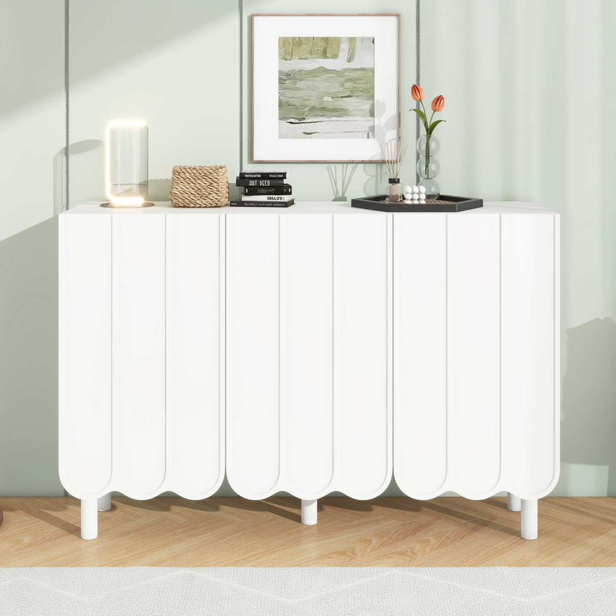 ON-TRANS Cream Style Shoe Cabinet with 5 Adjustable Solid Wood Legs, Large Storage Cabinet with Wave Doors, White - V.I.P Digital Presence