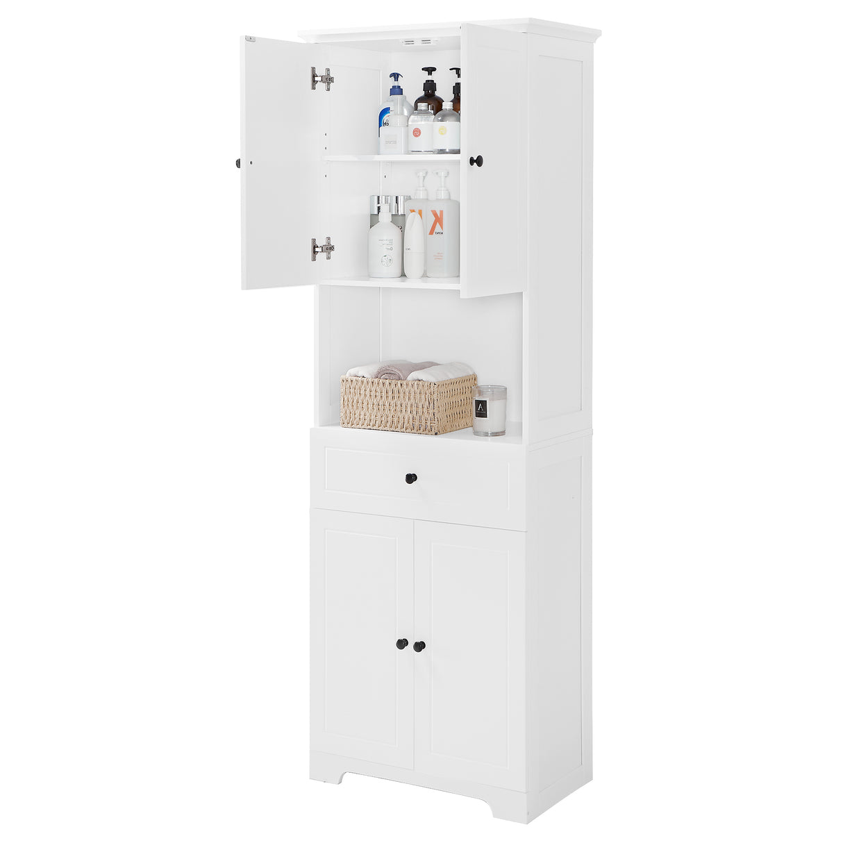 Tall Bathroom Cabinet with Four Doors, Large Storage Space Open Shelve, Upper Storage Cabinet, Whit - V.I.P Digital Presence