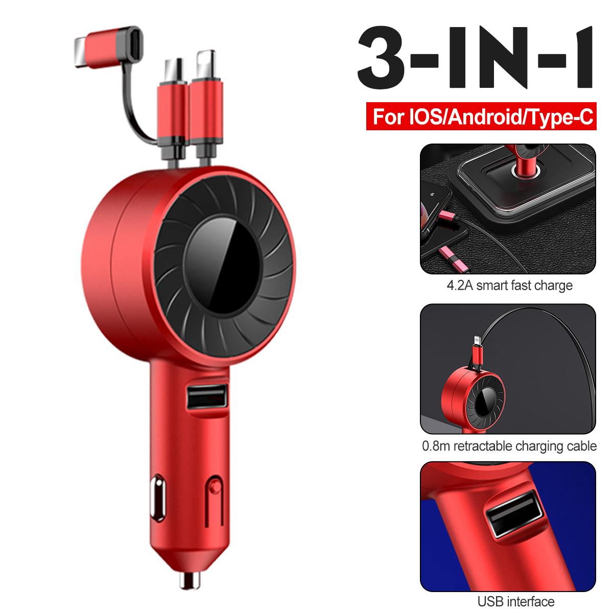 3-IN-1 Car Charger Mobile Phone Adapter For IOS/Android/Type-C USB Retractable Charging Cable 4.2A Fast Charing For Truck - V.I.P Digital Presence