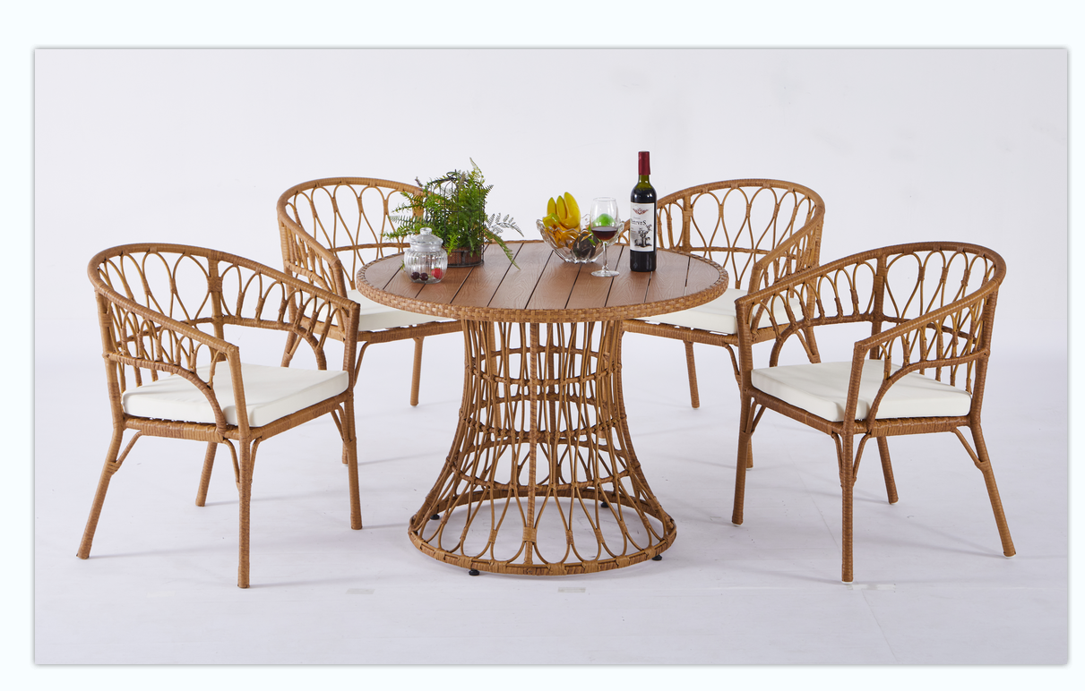 Outdoor dining set of 5 simple bamboo dinning table PE ratten round table 110CM plastic wood top - V.I.P Digital Presence