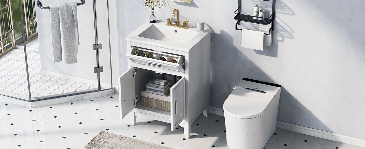 24" Bathroom Vanity with Sink, Bathroom Vanity Cabinet with One Flip Drawer and Doors, Solid Wood and MDF, White - V.I.P Digital Presence