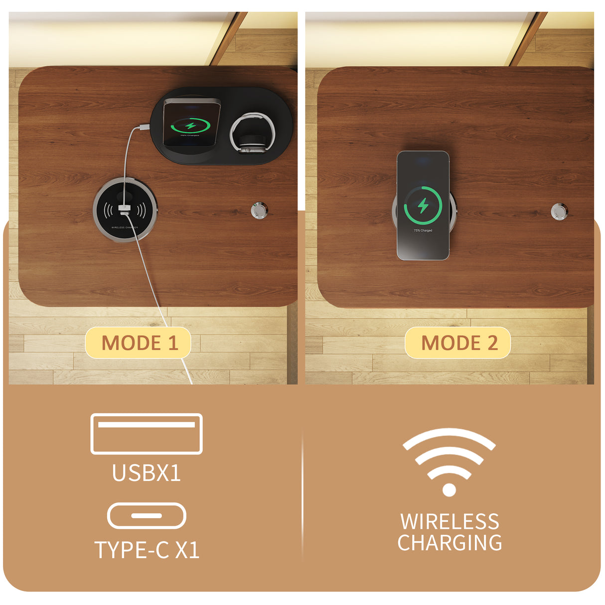 King Size Metal Bed Frame with Upholstered Headboard, with wireless charging and USB A & USB C, Touch LED light Vintage Brown - V.I.P Digital Presence