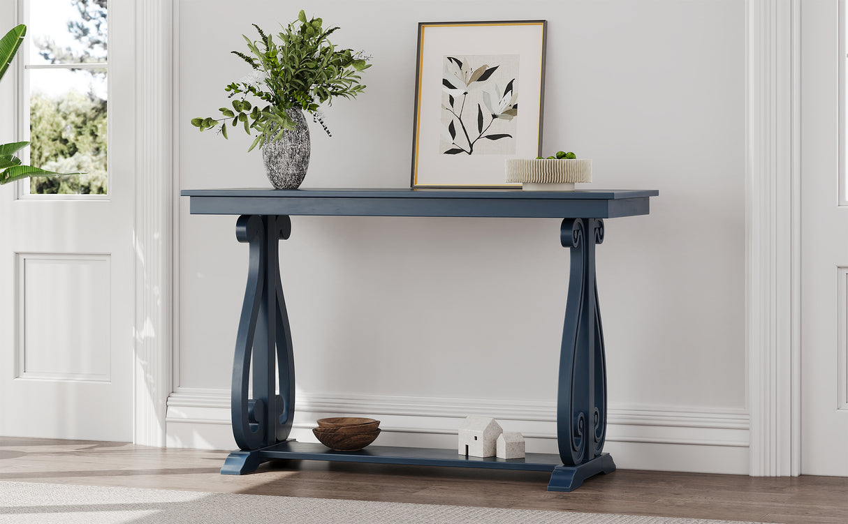 48-Inch Rustic Vintage Console Table --- Farmhouse Style Entryway Table with Open Shelf and Sturdy Construction (Navy) - V.I.P Digital Presence