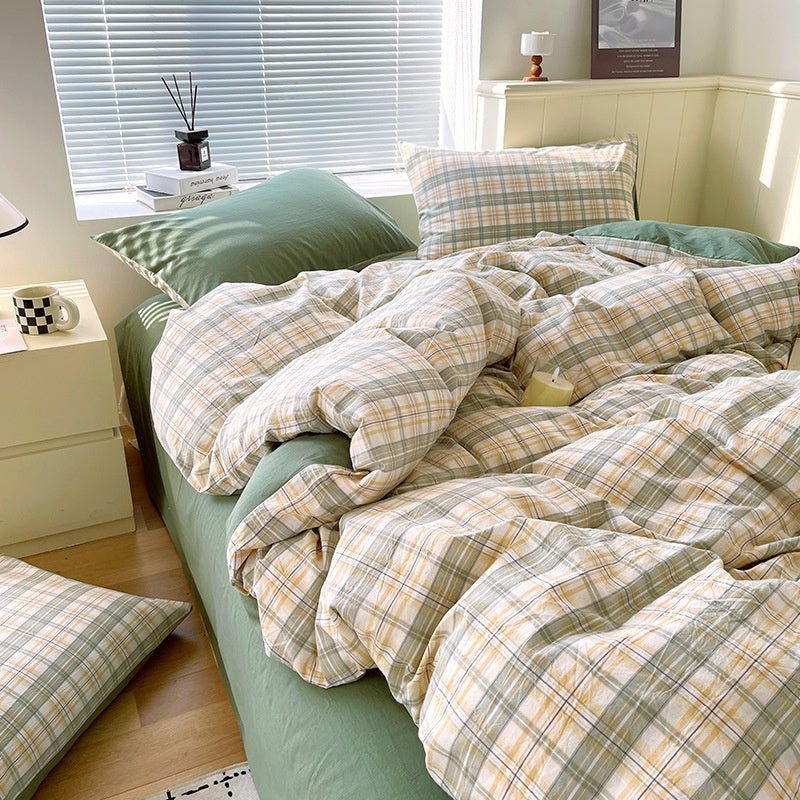 Juego de ropa de cama de algodón lavado teñido de algodón puro de clase A, sábana plana, funda de edredón, sábana ajustable, funda de edredón, juego de tres piezas a rayas