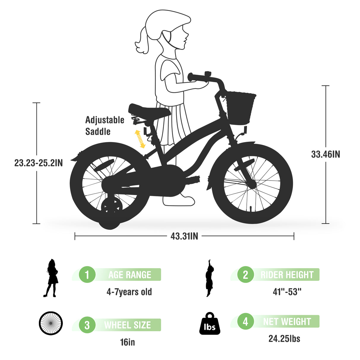 Multiple Colors,Girls Bike for 4-7 Years Old Kids,16 inch wheel , Training Wheels Included - V.I.P Digital Presence
