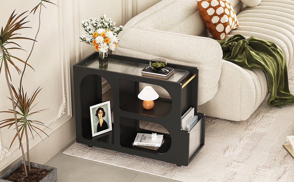 Stylish mobile desk with lockable wheels,bedside table with 5mm thick grooved tempered glass and gold round bars ,black - V.I.P Digital Presence