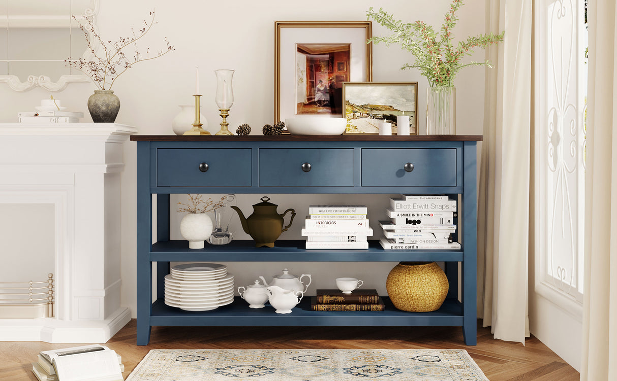 Retro Design Console Table with Two Open Shelves, Pine Solid Wood Frame and Legs for Living Room (Antique Navy+Espresso) - V.I.P Digital Presence