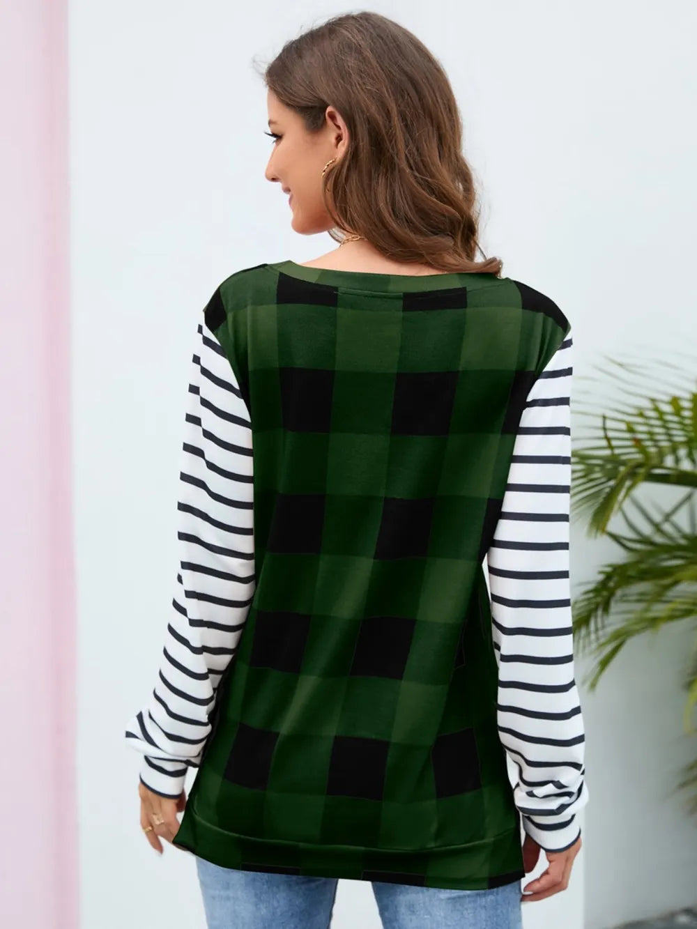 Plaid Striped Round Neck Long Sleeve T-Shirt - V.I.P Digital Presence